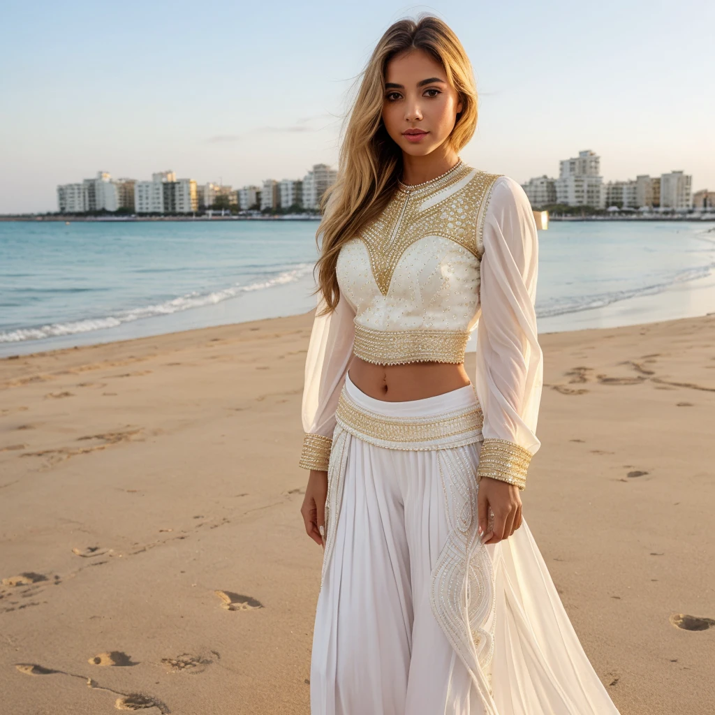 Create a realistic young woman stands outdoors, wearing a white golden sharara. She holds a small golden white purse and is positioned in front of a modern beach background city. The sharara features intricate lace detailing on the sleeves, adding an elegant touch to her modest attire. Sunlight softly illuminates her, highlighting the texture of her outfit and casting gentle shadows around her. high-contrast, dramatic look relightning.