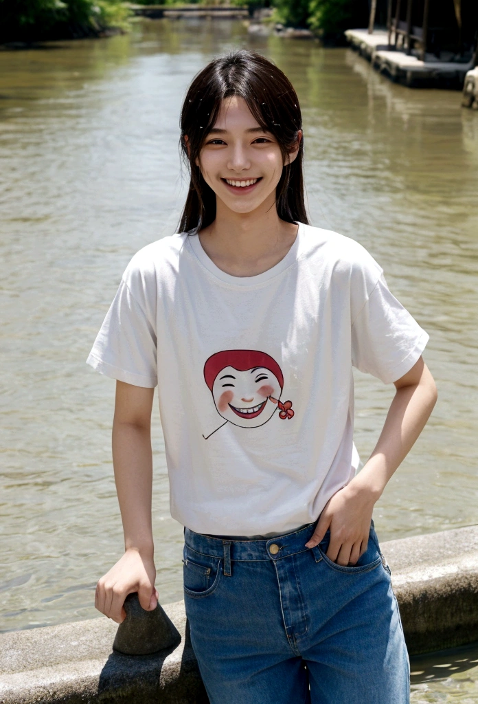 Japanese、18-year-old、Very slim、((Smiling))、T-Shirts、Turn up your pants、River shallow waters