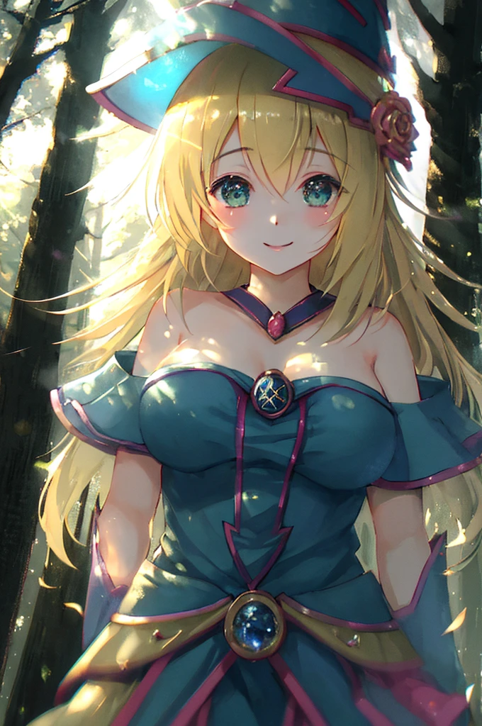 Chica herself、Estilo MKSKS、(very detailed background:1.0)、(very detailed background:1.0)、masterpiece、premium、(1 girl)、Alone、(The forest)、long hair、a blonde、blue hats、Wizard hat、spell casting、natural、The tree々:1.2、motion blur、magic、(rays of moonlight:1.2)、chromatic aberration、Depth of fields、soft lighting、Extra detailed face、extremely detailed eye、SMILE、big breasts、overexposed、shines in the background、