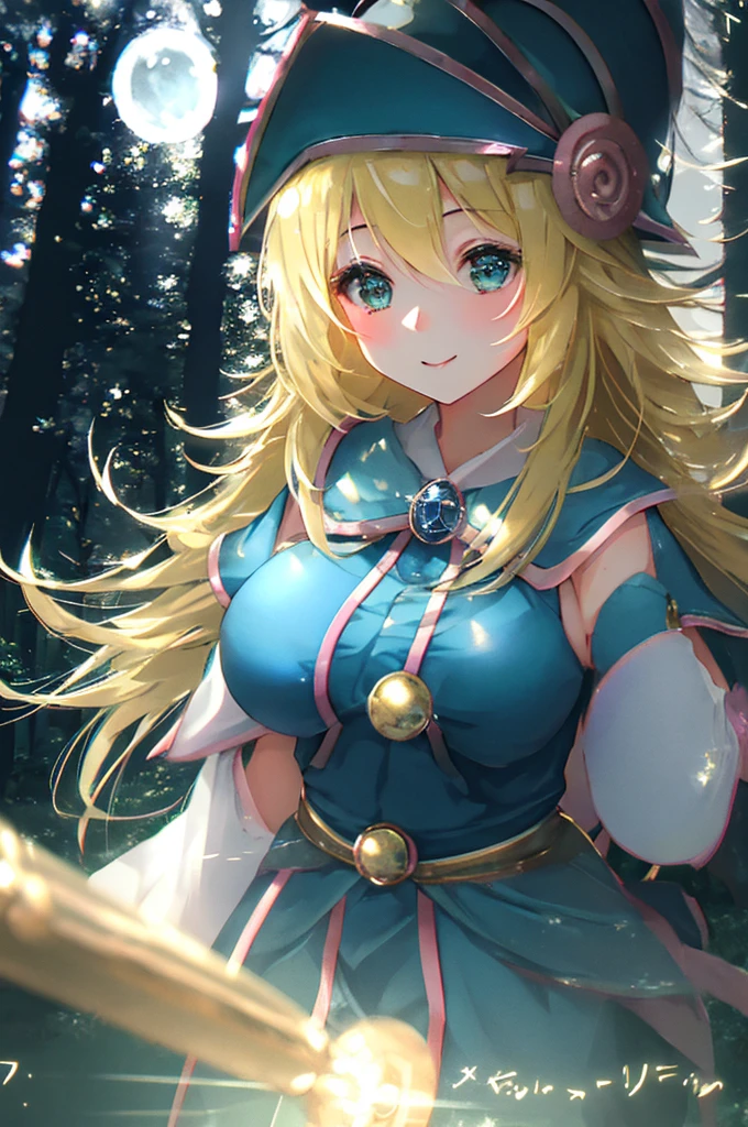 Chica herself、Estilo MKSKS、(very detailed background:1.0)、(very detailed background:1.0)、masterpiece、premium、(1 girl)、Alone、(The forest)、long hair、a blonde、blue hats、Wizard hat、spell casting、natural、The tree々:1.2、motion blur、magic、(rays of moonlight:1.2)、chromatic aberration、Depth of fields、soft lighting、Extra detailed face、extremely detailed eye、SMILE、big breasts、overexposed、shines in the background、