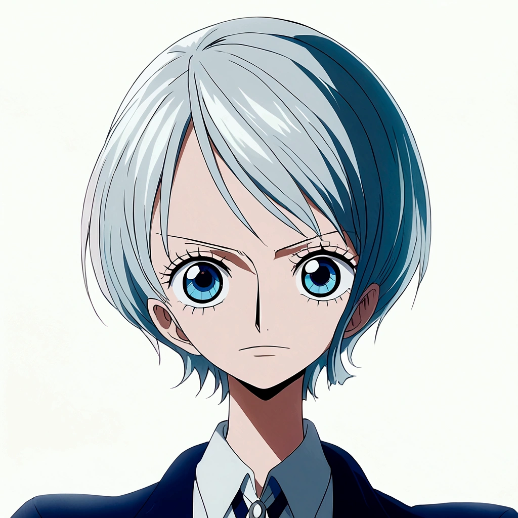 Styled Animation Anime One piece toei Animation, 17 year old woman with short straight white hair, round, mature sky blue eyes, pale skin in a navy suit 