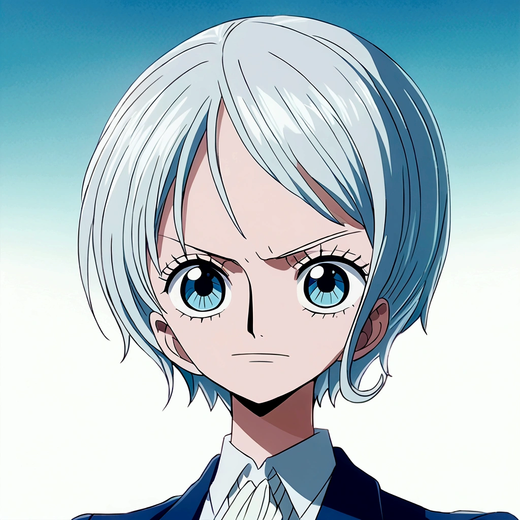 Styled Animation Anime One piece toei Animation, 17 year old woman with short straight white hair, round, mature sky blue eyes, pale skin in a navy suit 