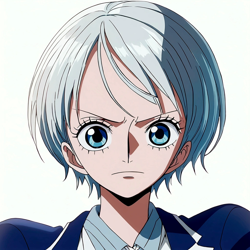 Styled Animation Anime One piece toei Animation,  woman with short straight white hair, round, mature sky blue eyes, pale skin in a navy suit 