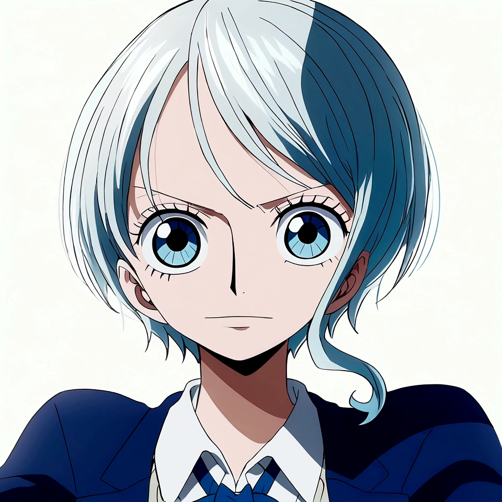 Styled Animation Anime One piece toei Animation, 17 year old woman with short straight white hair, round, mature sky blue eyes, pale skin in a navy suit 