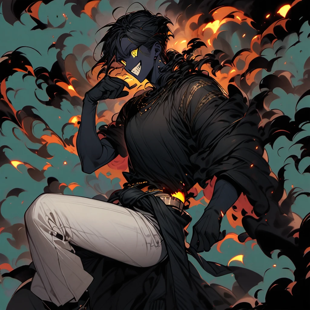 (well done: 1) man, slightly burnt black skin, shoulder-length wavy black hair, yellow eyes, black t-shirt, white pants, blouse wrapped around the waist, black shoes.