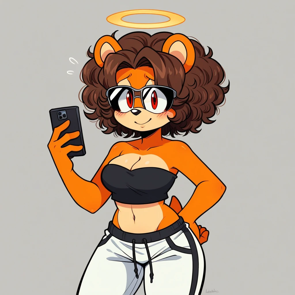 score_9, score_8_up, mobian, solo, hedgehog, two-tone fur ((orange fur, brown fur)), strapless crop top, baggy pants, cleavage, two-tone hair (brown hair, black tip)), curly hair, halo, sunglasses, jewelry, red eyes, longeyelashes, red eyes, smile, shy, blush, holding phone, high detail, masterpiece, UHD, anatomically correct, super detail, highres, 4K