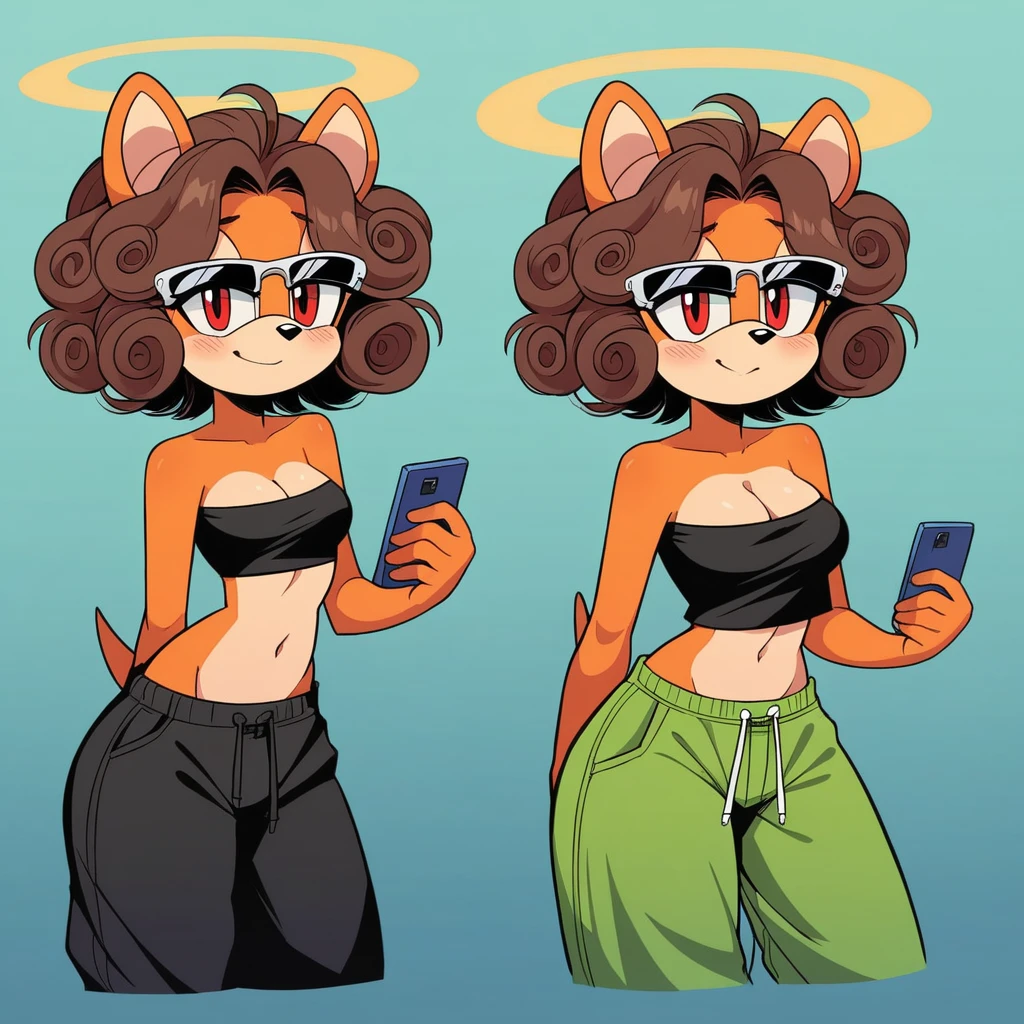 score_9, score_8_up, mobian, solo, hedgehog, two-tone fur ((orange fur, brown fur)), strapless crop top, baggy pants, cleavage, two-tone hair (brown hair, black tip)), curly hair, halo, sunglasses, jewelry, red eyes, longeyelashes, red eyes, smile, shy, blush, holding phone, high detail, masterpiece, UHD, anatomically correct, super detail, highres, 4K