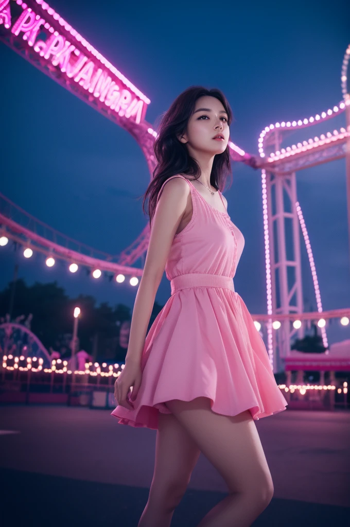 1girl in, Super beautiful girl, Dream Girl, Wearing pink, ulzzangs, Dancing, Concert in amusement park in the background, Lightning in the sky, Ultra Details, A hyper-realistic, Cinematic , Octane Render, 16 K,A dark-haired