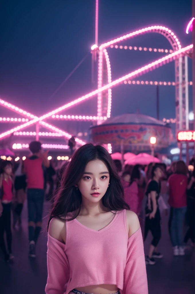 1girl in, Super beautiful girl, Dream Girl, Wearing pink, ulzzangs, Dancing, Concert in amusement park in the background, Lightning in the sky, Ultra Details, A hyper-realistic, Cinematic , Octane Render, 16 K,A dark-haired