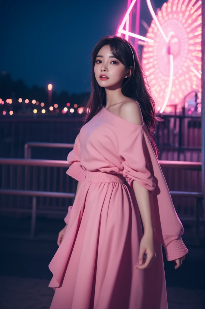 1girl in, Super beautiful girl, Dream Girl, Wearing pink, ulzzangs, Dancing, Concert in amusement park in the background, Lightning in the sky, Ultra Details, A hyper-realistic, Cinematic , Octane Render, 16 K,A dark-haired