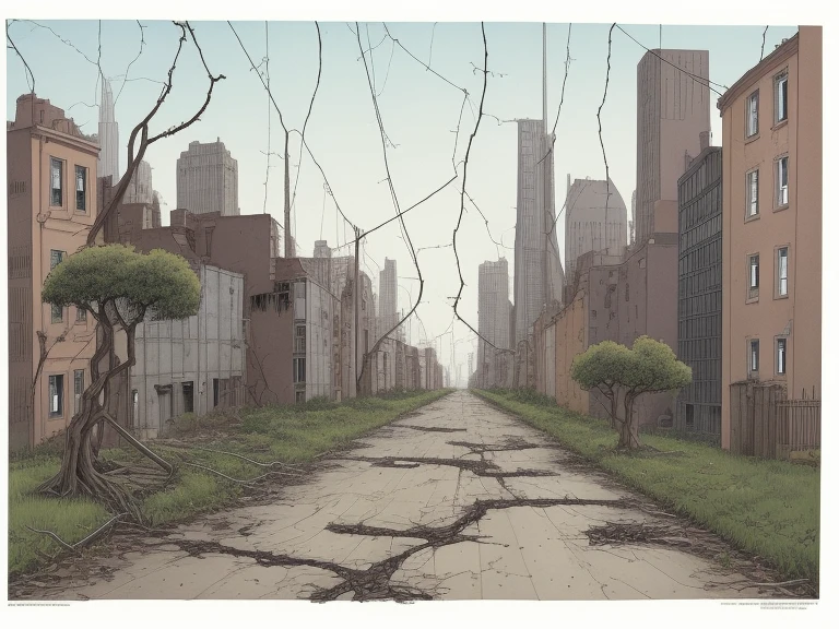 dilapidated modern metropolis, Illustration by Lin Claire, cracked asphalt, young trees grow from cracks, Crumbling buildings, vines, grass