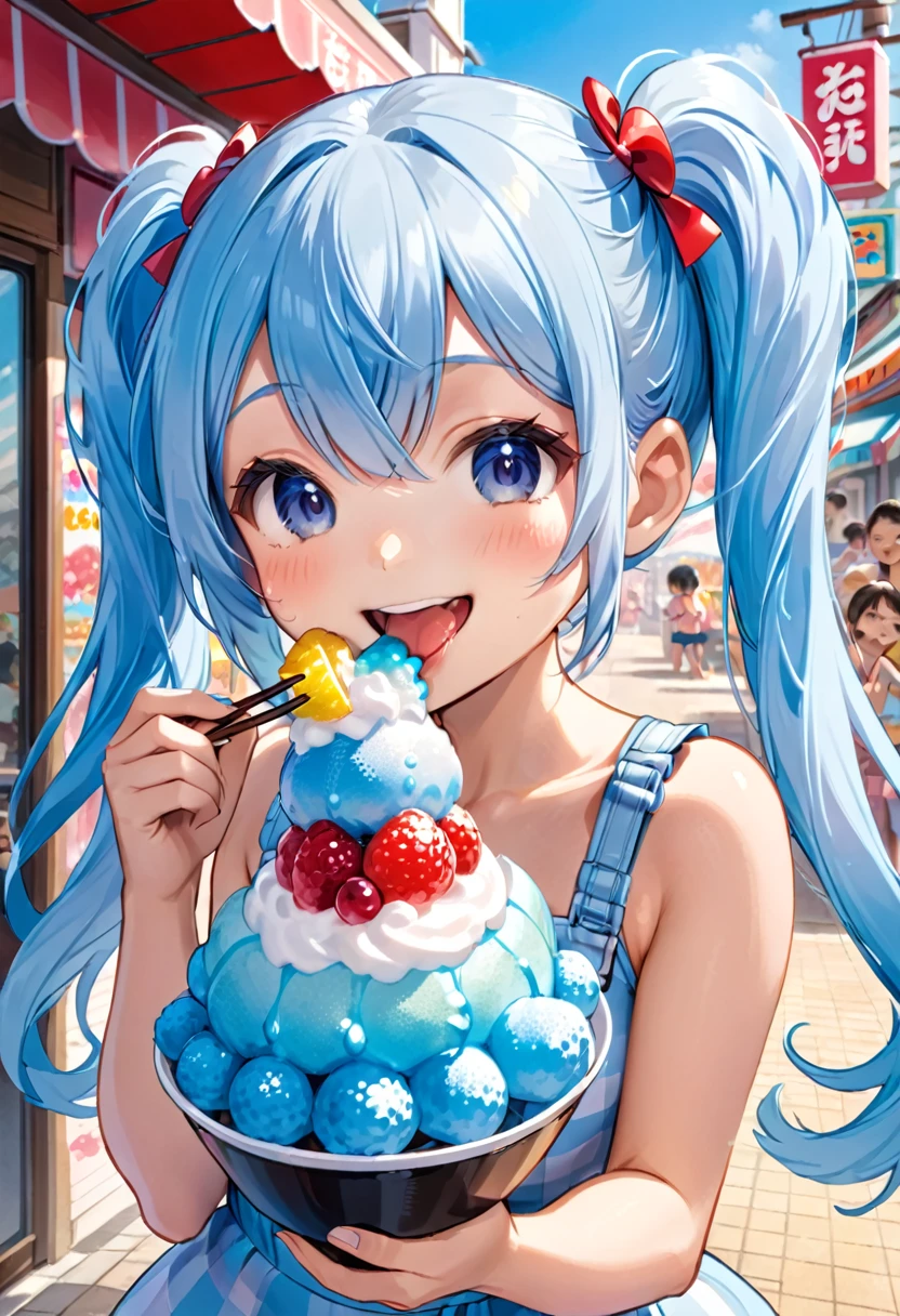 A chibi character biting into a shaved ice bigger than herself, long light blue hair, twin tails, and a bright smile.