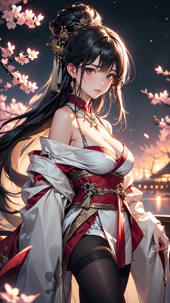 (masterpiece:1.5, Highest quality, Very detailed、 Dutch Angle、Semi-realistic、Fantasy)(One Girl, alone)(White and beautiful hair:1.4,,Straight Long Hair)(Wearing Han clothes, Royalty、White and red Hanfu:1.6,Thick fabric,Long sleeve)、((Off the shoulder、large breasts, Beautiful cleavage、ruby ​​necklace))((Above the knee tights))(from backside,cherry blossoms、dead tree、Mystical Night、Particles of light float around the woman、Fantasyのためのスペース)
