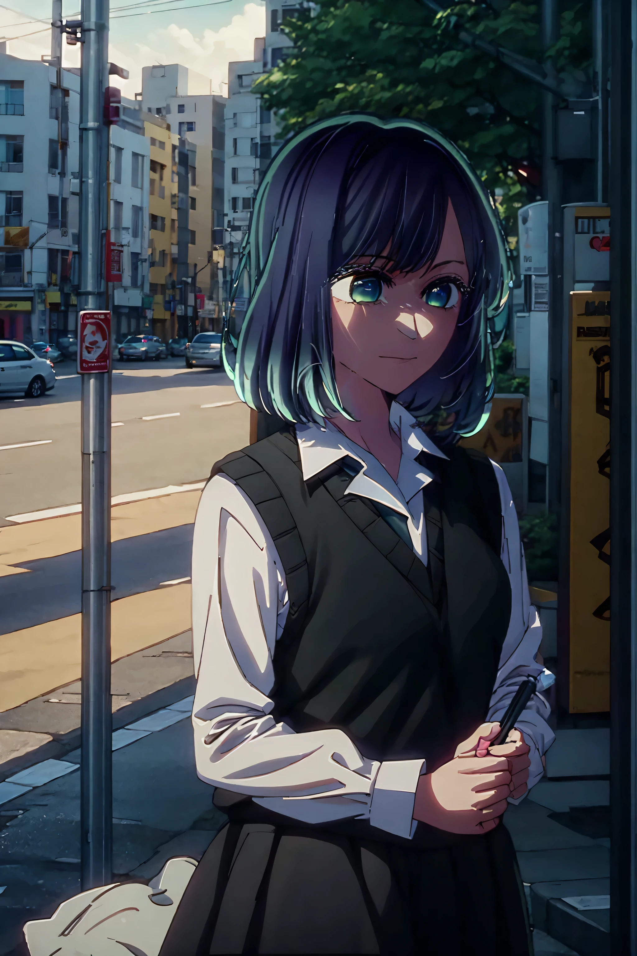 best quality, masterpiece, 1 girl, alone, beautiful, detailed eyes, shirt, blue tie, blue hair, white shirt, long sleeves, medium hair, collared shirt, vest, indoors, , bangs, vest, closed mouth , smile, green eyes, multicolored hair, black vest, short hair, faded hair, blue eyes, skirt, walking down the street, in the rain, holding her umbrella