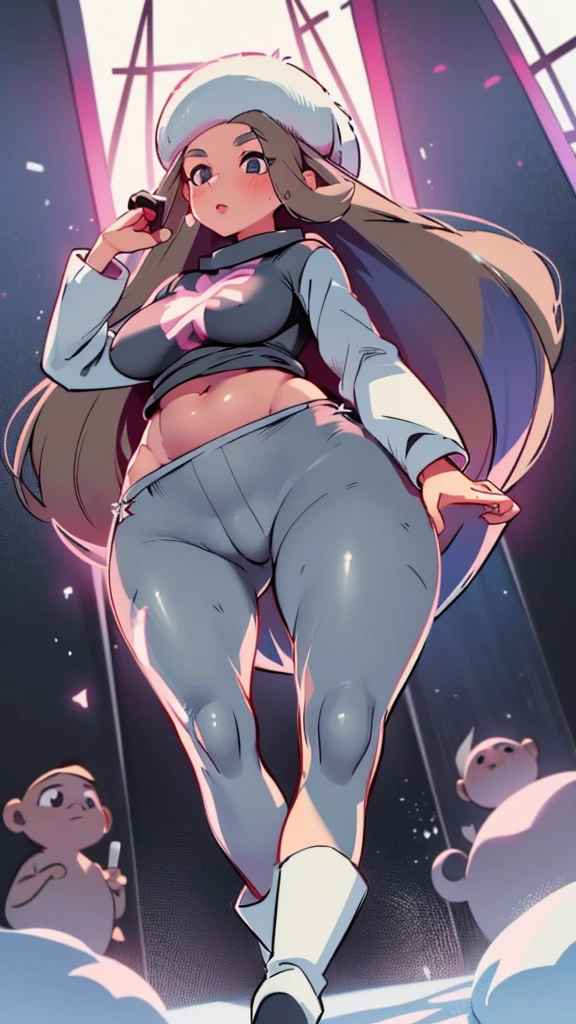 A girl from Russia, Asian, sexy, beautiful, cute, big breast, long wavy dark blonde hair, her round gray eye, thin eyelash, black pink lip, soft cheeks, she dresses in a dark gray top, long sleeves, shows a navel and a pair of short gray pants, a pair of polar blue socks, a black snow boot.