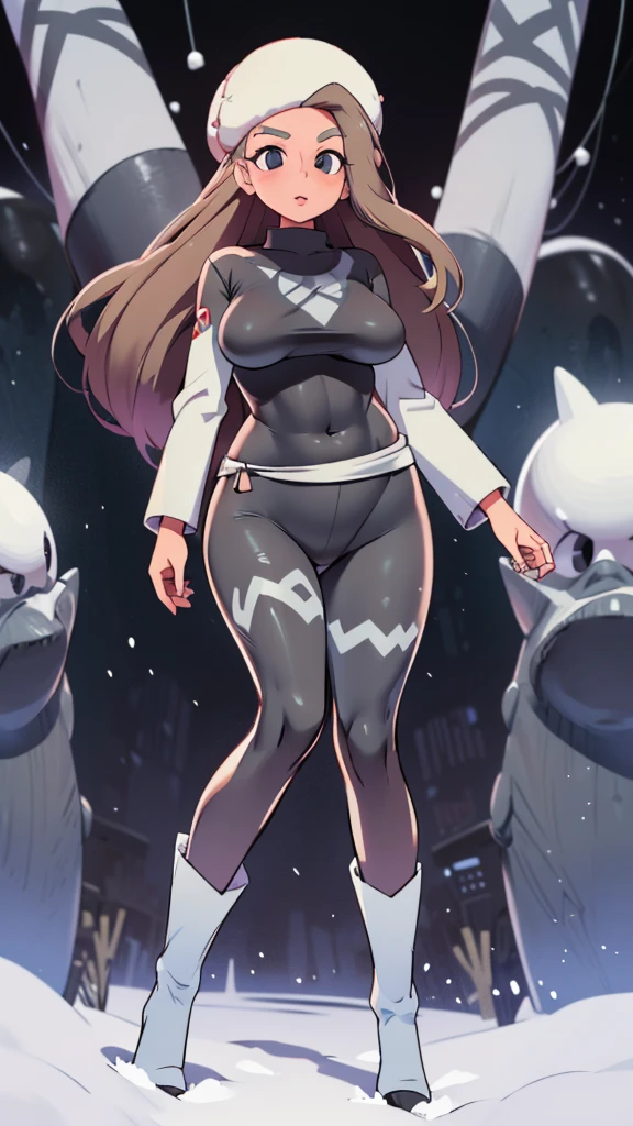 A girl from Russia, Asian, sexy, beautiful, cute, big breast, long wavy dark blonde hair, her round gray eye, thin eyelash, black pink lip, soft cheeks, she dresses in a dark gray top, long sleeves, shows a navel and a pair of short gray pants, a pair of polar blue socks, a black snow boot. 