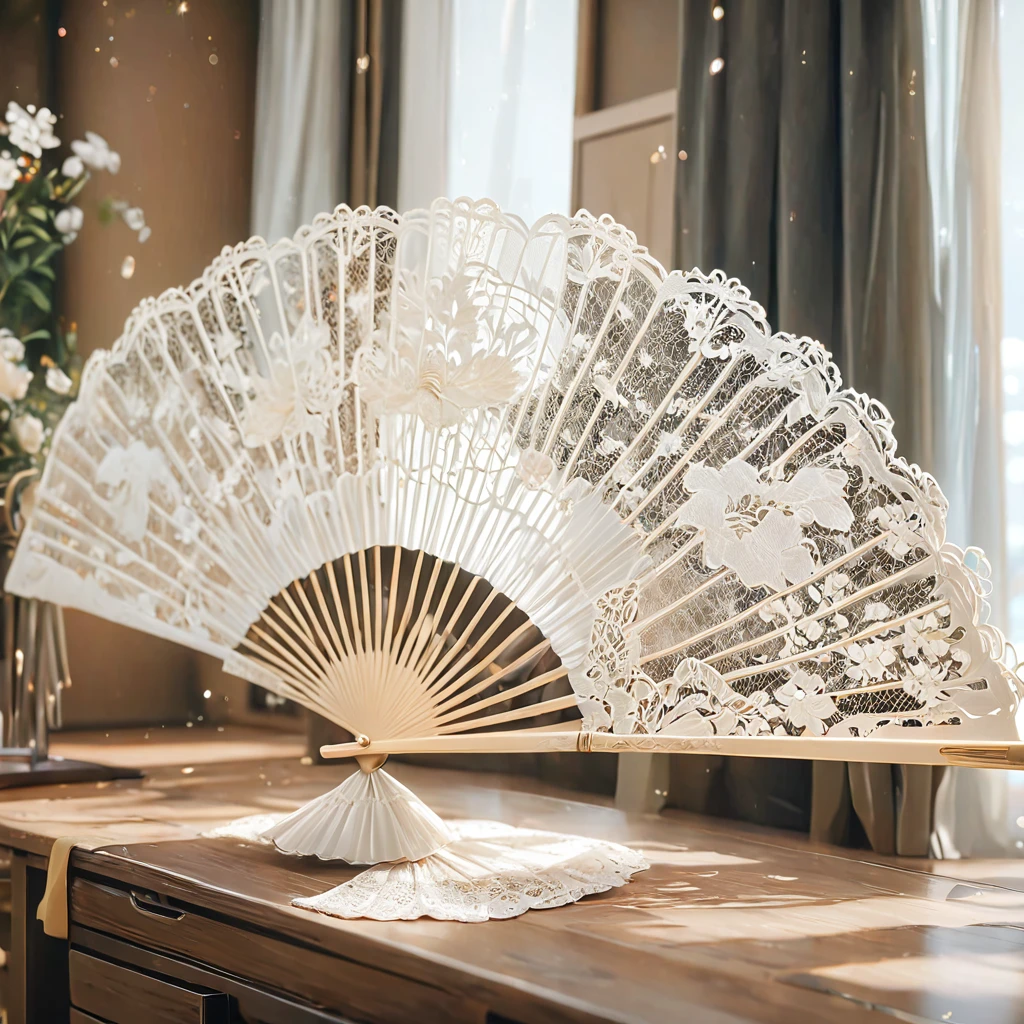 White laceで出来た扇子, Beautiful lace fan, Lace fan for room decoration, indoor, White lace, Very delicate lace, best quality:1.2, 4K, 8K, Very detailed, High Detail, masterpiece:1.2