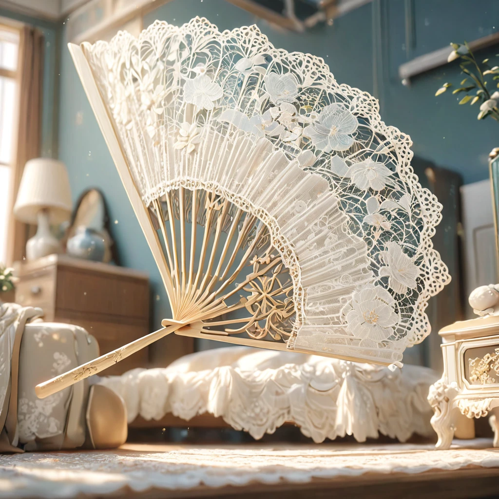 White laceで出来た扇子, Beautiful lace fan, Lace fan for room decoration, indoor, White lace, Very delicate lace, best quality:1.2, 4K, 8K, Very detailed, High Detail, masterpiece:1.2