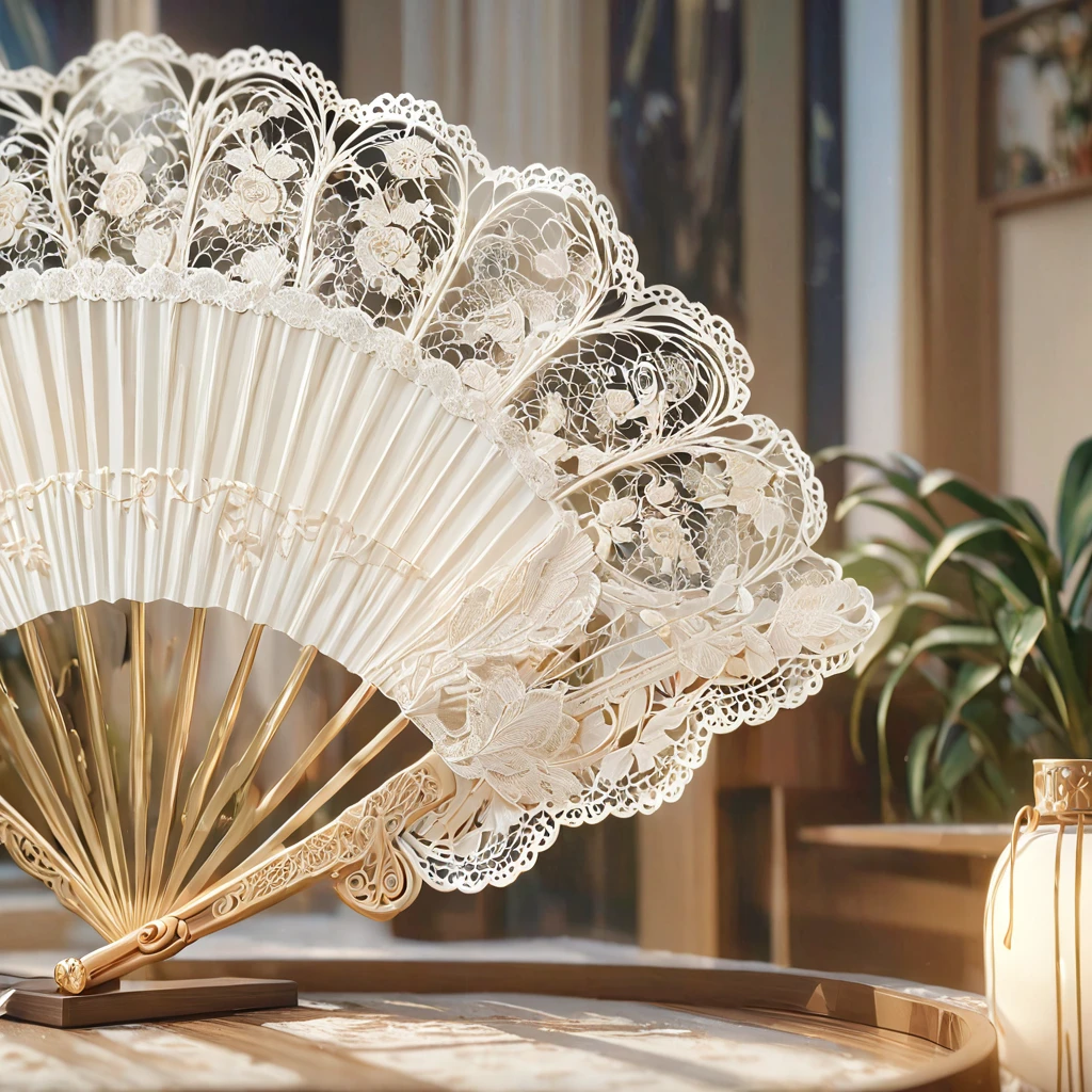 White laceで出来た扇子, Beautiful lace fan, Lace fan for room decoration, indoor, White lace, Very delicate lace, best quality:1.2, 4K, 8K, Very detailed, High Detail, masterpiece:1.2