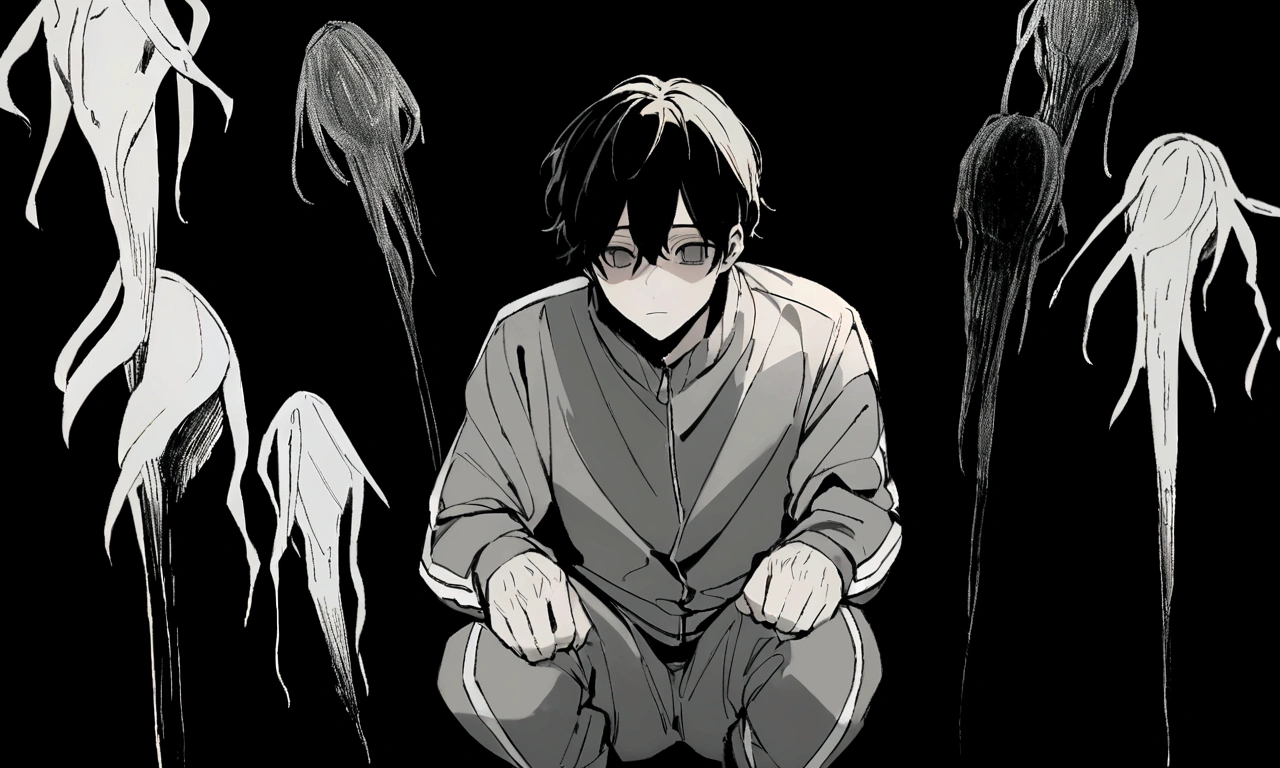 black and white drawing, black background, human, 26 year old male, black neat hair, a lonely face, wearing gray tracksuit, squat down, raise one's eyes.