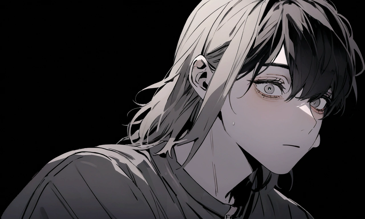 black and white drawing, black background, human, 26 year old male, black neat hair, a lonely face, wearing gray tracksuit, squat down, raise one's eyes.