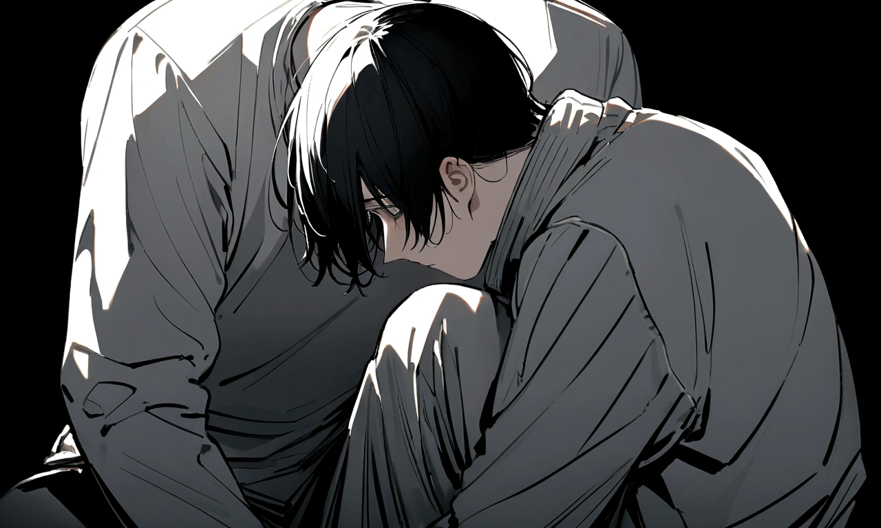 black and white drawing, black background, human, 26 year old male, black neat hair, a lonely face, wearing gray tracksuit, squat down, raise one's eyes.