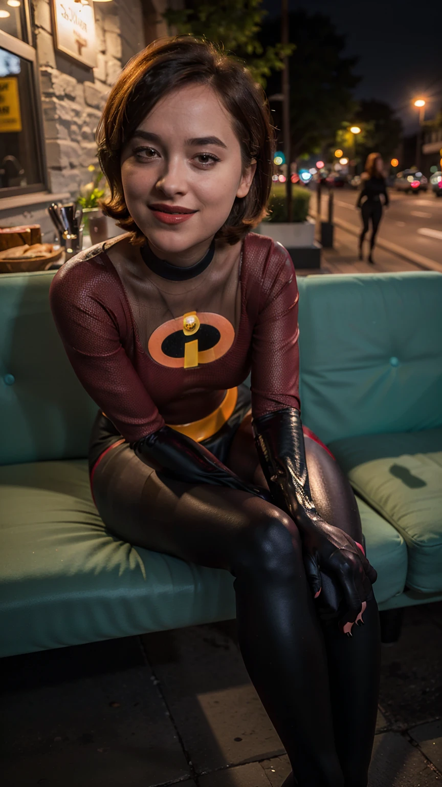 Masterpiece, (photorealistic1.4),Best quality, (solo), (1girl), (epiCRealLife), (photorealistic1.4), (UHD),( helenparr red bodysuit ), (d4k0t4), (young woman), (European model), (ElastigirlHelenParr latex bodysuit), (red bodysuit), (black elbow gloves), (ElastigirlHelenParr costume), (street cafe), (hands down), (black thighhigh), (helenXL black domino mask), (domino mask), (short hair), (ElastigirlHelenParr hairstyle), (outside patio), (1girl), (sitting on sofa),  (look at viewer), (make up), (red lipstick), (light smile), (close up), (spot light), (flashphoto), (flash photography), (night time), (at night), (f/1.8)