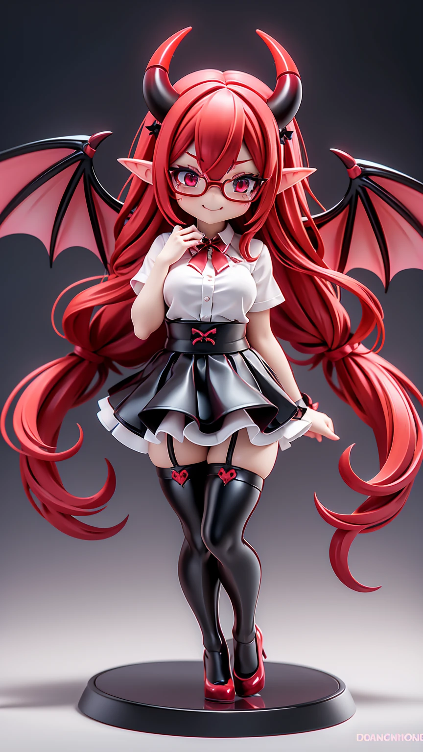 work, best quality, girl, red demon, oni, horns, little devil, ((succubus)), a little scary, seductive flirt, long hair alternative, red-pink hair, bow hair, aqua eyes, glasses, succubus outfit, reviling lingerie, seductive smile, Tongue, black eyes, long eyelashes, young breasts, There is a mole on the chest, White shirt, black skirt, high heeled, shoe, period, hair ribbon, flower ribbon, devil tail with heart, tall, ((stockings opaque:1.4)), elf ears