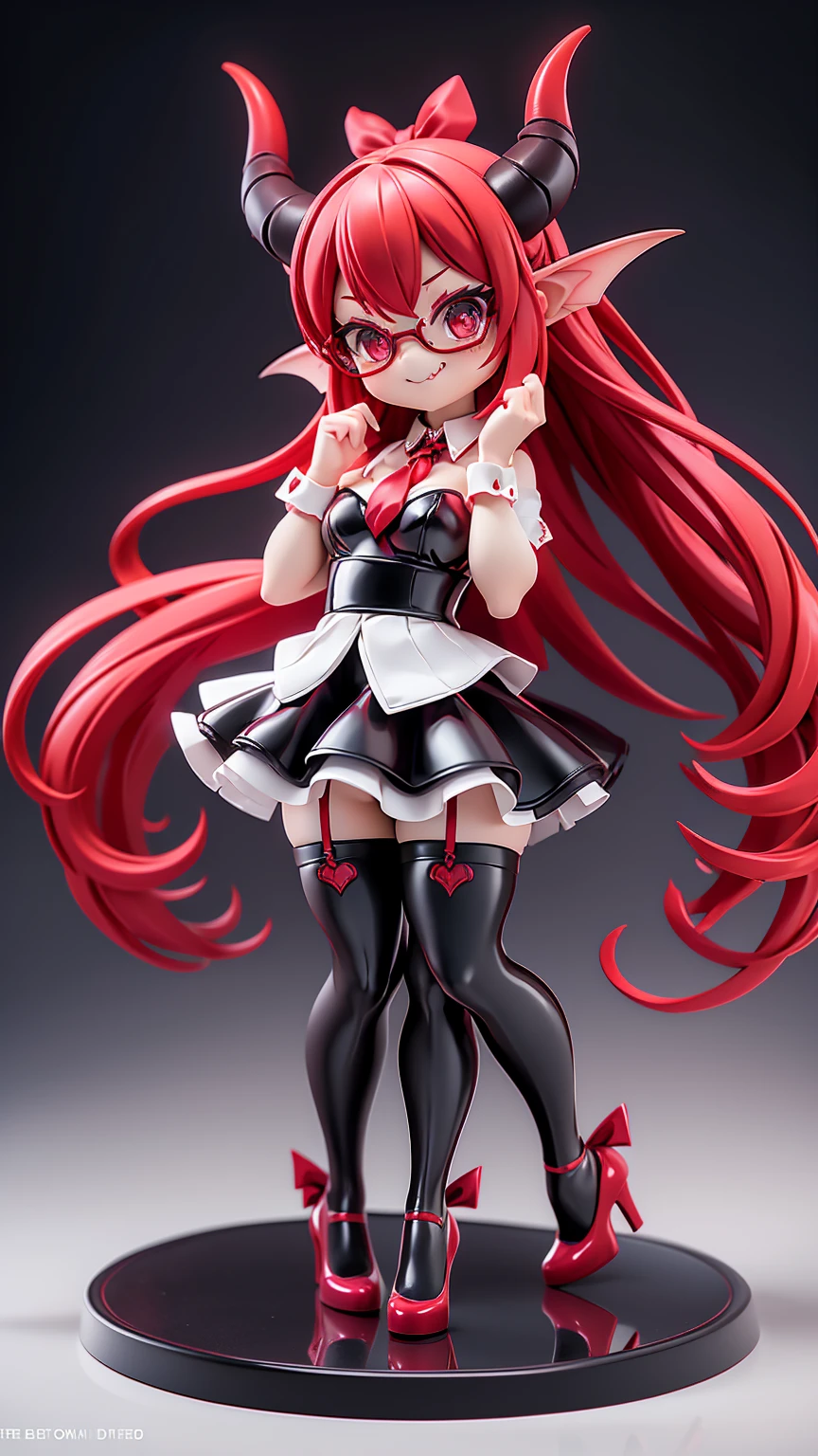 work, best quality, girl, red demon, oni, horns, little devil, ((succubus)), a little scary, seductive flirt, long hair alternative, red-pink hair, bow hair, aqua eyes, glasses, succubus outfit, reviling lingerie, seductive smile, Tongue, black eyes, long eyelashes, young breasts, There is a mole on the chest, White shirt, black skirt, high heeled, shoe, period, hair ribbon, flower ribbon, devil tail with heart, tall, ((stockings opaque:1.4)), elf ears