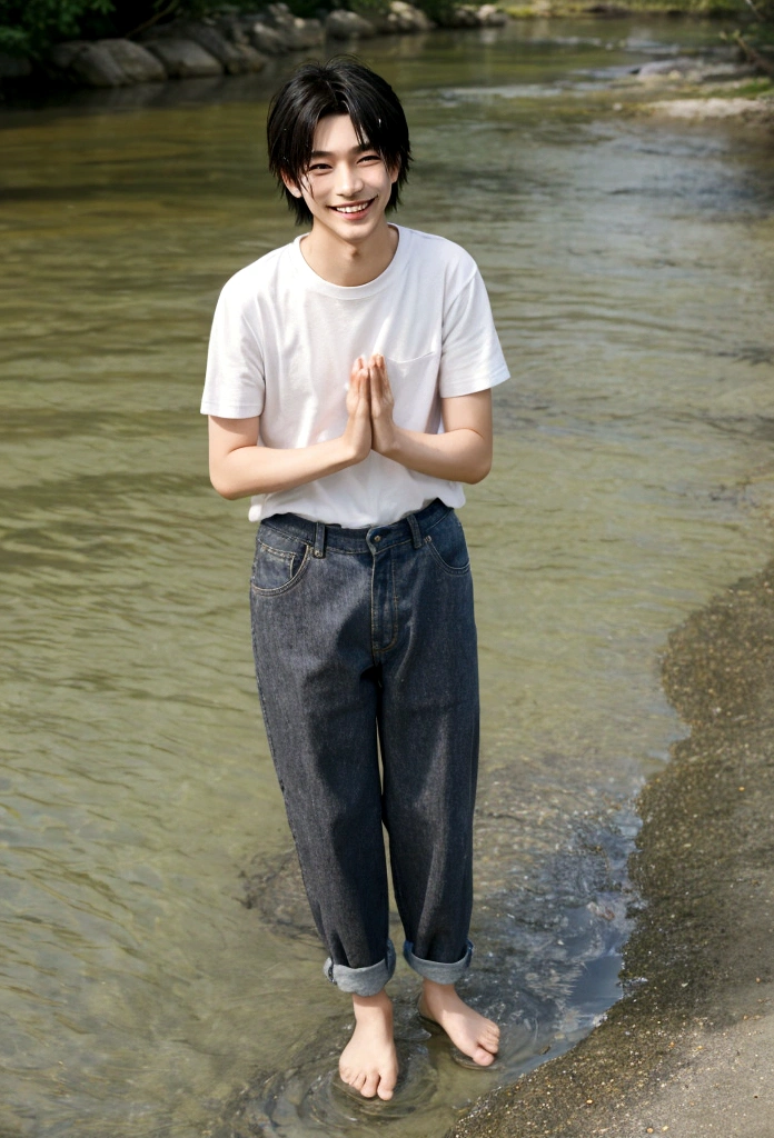 Japanese、18-year-old、Very slim、((Smiling))、T-Shirts、Roll up your trousers with your hands、River shallow waters