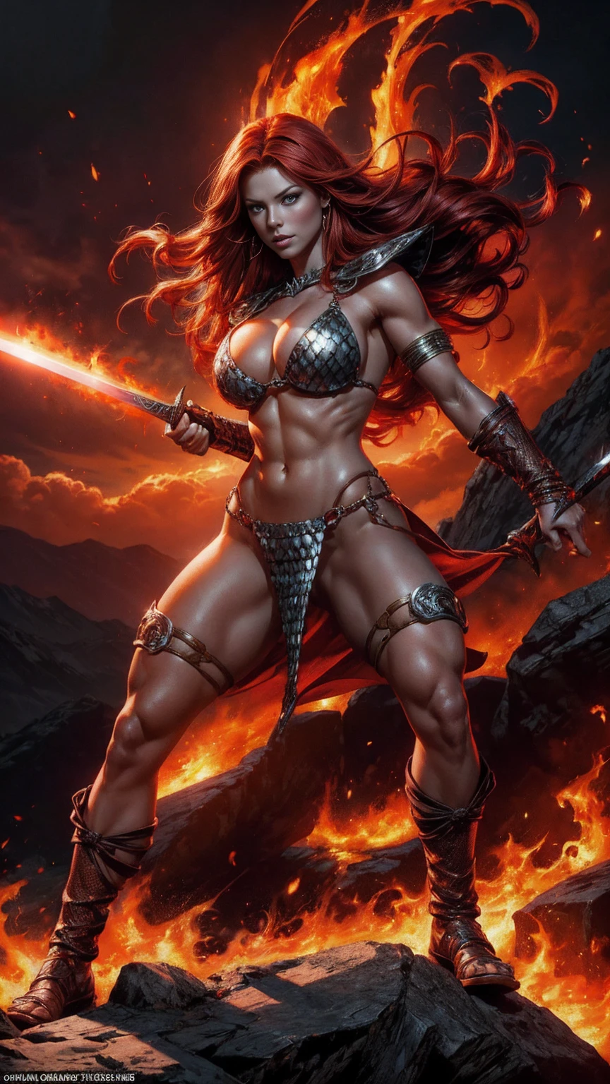 (redhead:1.1, fantasy:1.2, comic book:1.2), sexy warrior princess, fierce demeanor, red hair flowing, breathtaking beauty, seductive aura, strong and confident, striking pose, powerful stance, fierce eyes, passionate spirit, large, well-defined muscles, armored bikini ensemble, shimmering chainmail, intricate details of the armor, intricate sword, charismatic presence, fire-like sword strokes, swirling flames, epic battle, mythical background, atmospheric lighting, intense red hues, dramatic shadows, dynamic composition, high-resolution artwork, fine art quality, hyper-realistic style, perfect anatomy, captivating curves, radiant skin tones, flirtatious smile