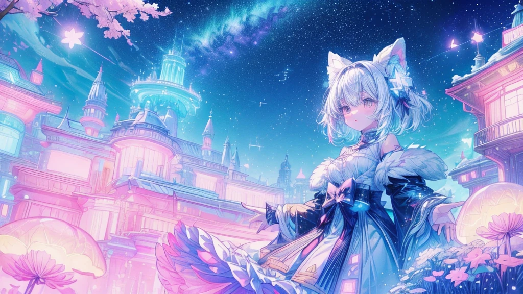 A scene depicting a cute girl character with snow-white hair and black shiny eyes lying on a grassy hill, Looking at the stars. Surround her with colorful nebulae and her favorite constellations, Farther perspective, 