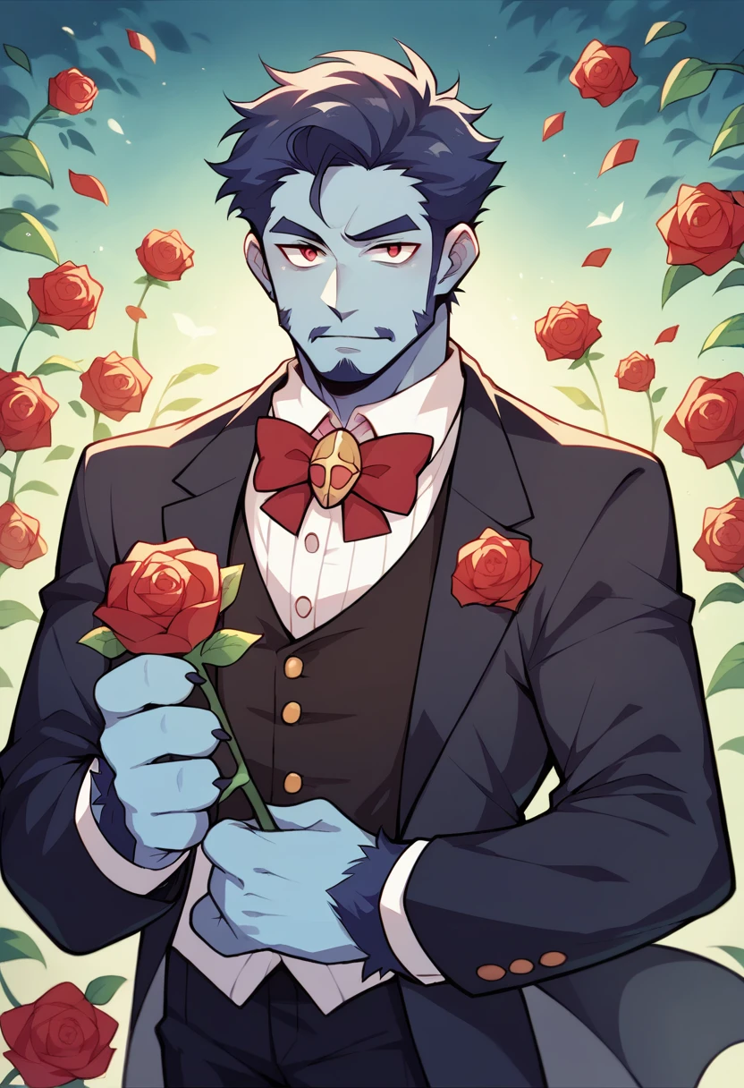 Watercolor elements, 1 boy, Beast field, hairy, Delicate body hair, Animal Face, Animal hands, Handsome boy in tuxedo holding a red rose and looking at the viewer,