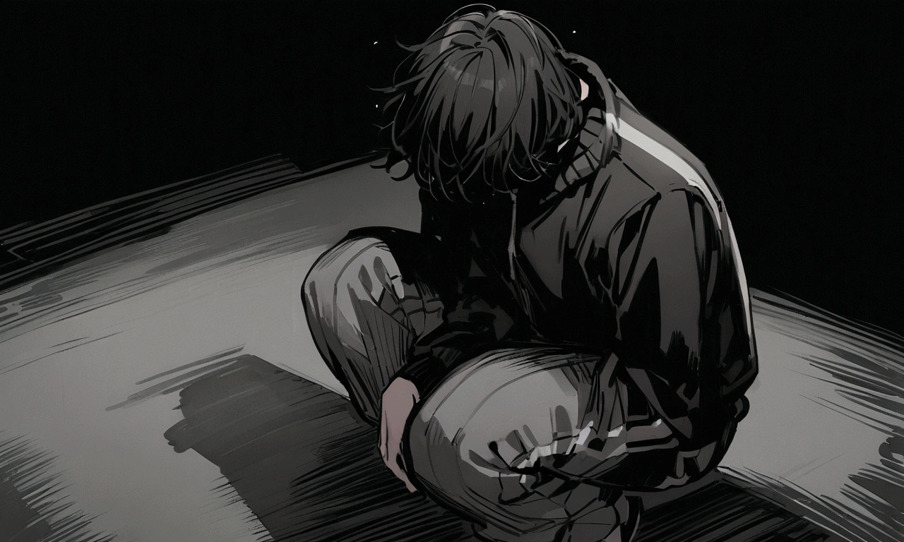 black and white drawing, black background, human, 26 year old male, black neat hair, a lonely face, wearing gray tracksuit, squat down, Frustration