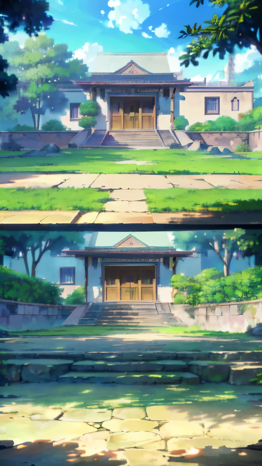 detailed anime style, beautiful detailed anime style pueblo background, detailed adobe architecture, detailed stone walls, detailed tropical plants, lush foliage, (best quality,4k,8k,highres,masterpiece:1.2),ultra-detailed,(realistic,photorealistic,photo-realistic:1.37),intricate details, vibrant colors, warm lighting, cinematic composition