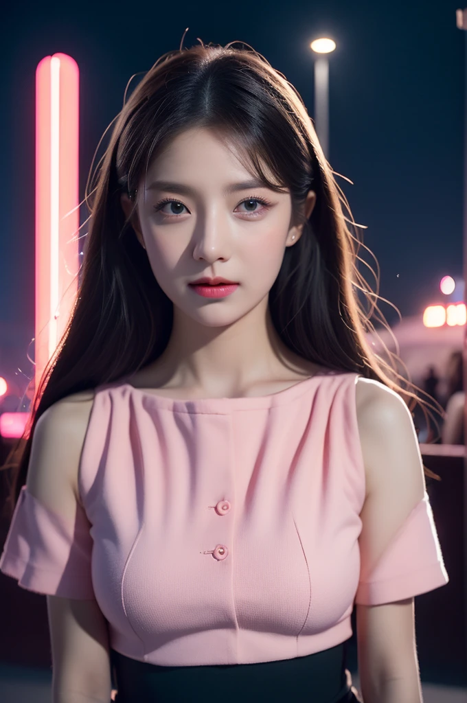 1girl in, Super beautiful girl, Dream Girl, Wearing pink, ulzzangs, Dancing, Concert in amusement park in the background, Lightning in the sky, Ultra Details, A hyper-realistic, Cinematic , Octane Render, 16 K，A dark-haired