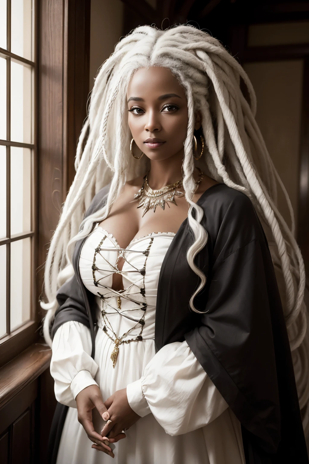 ((best qualityer)), ((work of art)), (detailded), 1 beautiful forty-year-old African-American woman ((dark skin color)) White hair ,long curly hair ,few dreads ,medieval gown ((torn outfit)) clear lighting, detailed shadows