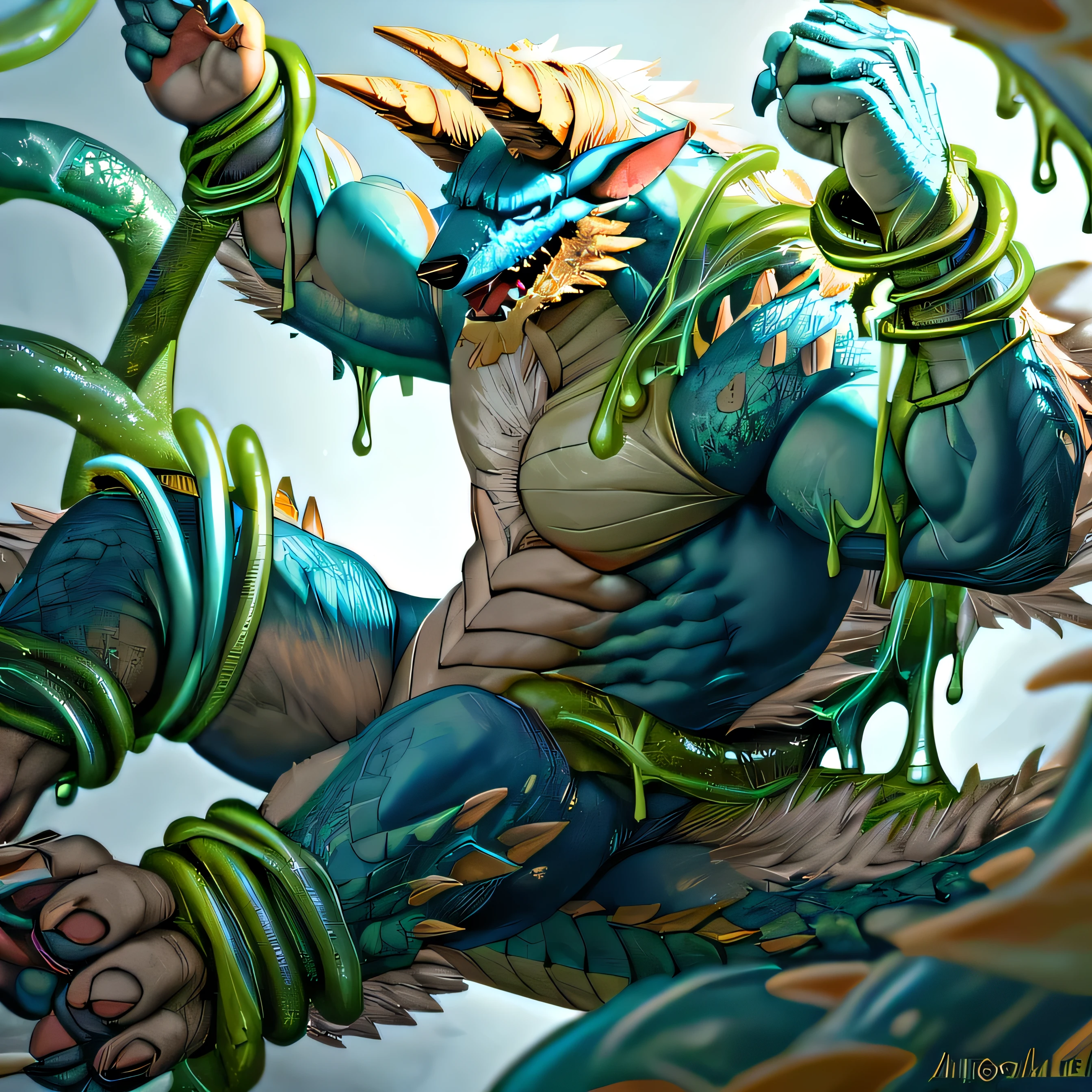 anthropology,(zinogre:1.2),Tail,((whole body,blue eyes, Blue body, White furry, Yellow Hand, Feet, Blue face,4 toes,Tail )),,muscular, whole body, (author:null-ghost,From raccoon21,masterpiece,high quality), Night Fight,((boundary)), rest (((Slime monster uses tentacles to fight dragon)),4 toes,struggle, (pain:1.3),frown,annoyed, Worry,full body,pawpads,((horns))