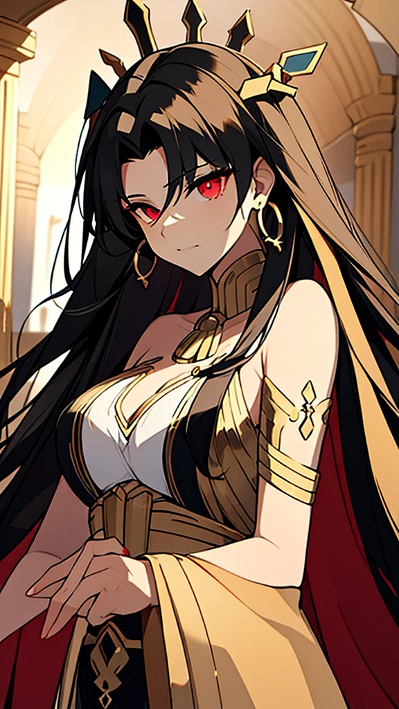 She is a queen of a city in ancient Greece. His hair is black and his eyes are blood red.. She wears a gold tiara around her head. He wears a gold earring in each of his ears.. He wears a necklace decorated with precious stones around his neck.. She is dressed in a red and black ancient Greek dress..