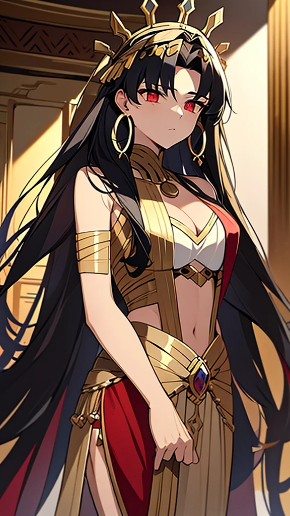 She is a queen of a city in ancient Greece. His hair is black and his eyes are blood red.. She wears a gold tiara around her head. He wears a gold earring in each of his ears.. He wears a necklace decorated with precious stones around his neck.. She is dressed in a red and black ancient Greek dress..