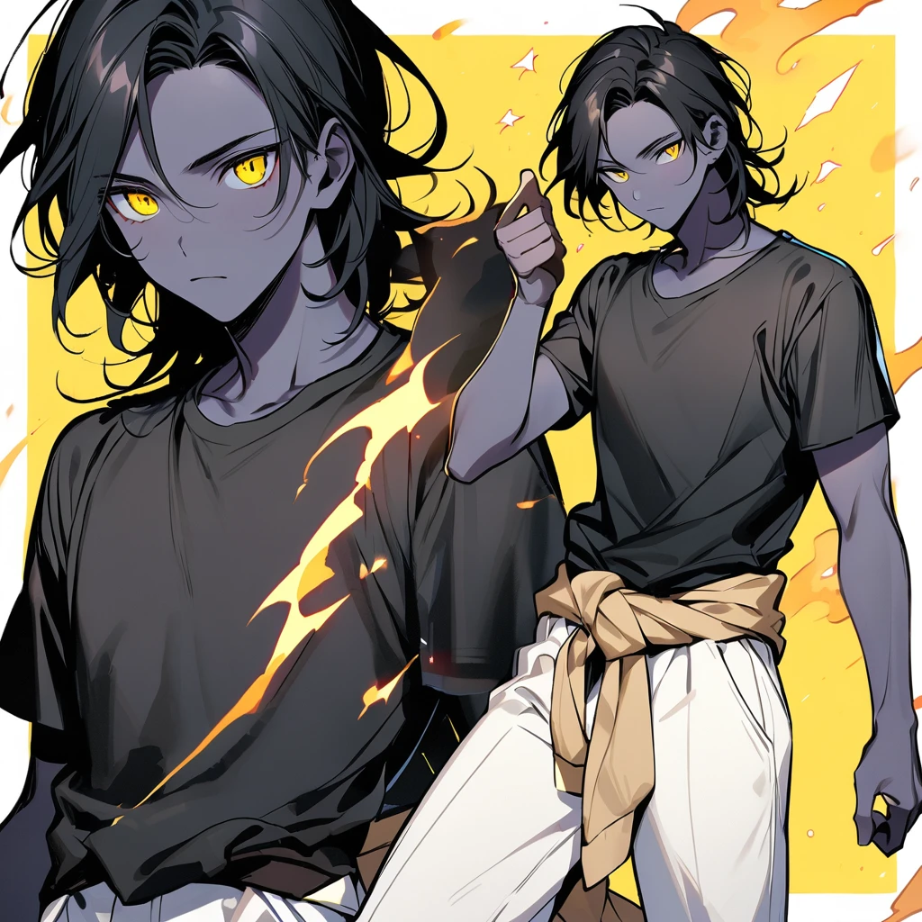 (well done: 1) man, slightly burnt black skin, shoulder-length wavy black hair, yellow eyes, black t-shirt, white pants, blouse wrapped around the waist, black shoes.