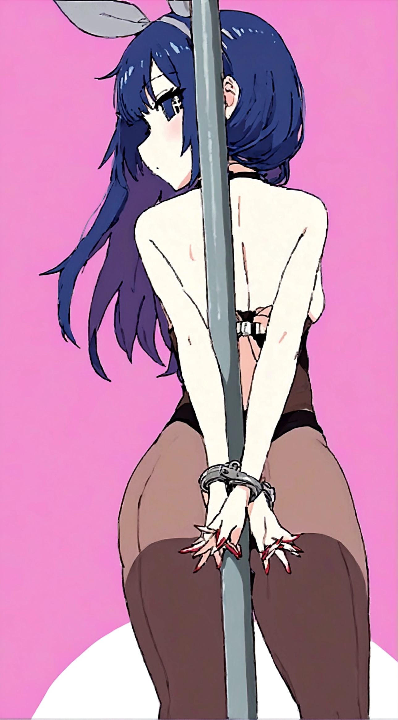 Thin anime girl with blue hair on her back with her head sideways watching you seductively dancing on a pole. The girl's hands are tied to the pole with police handcuffs.