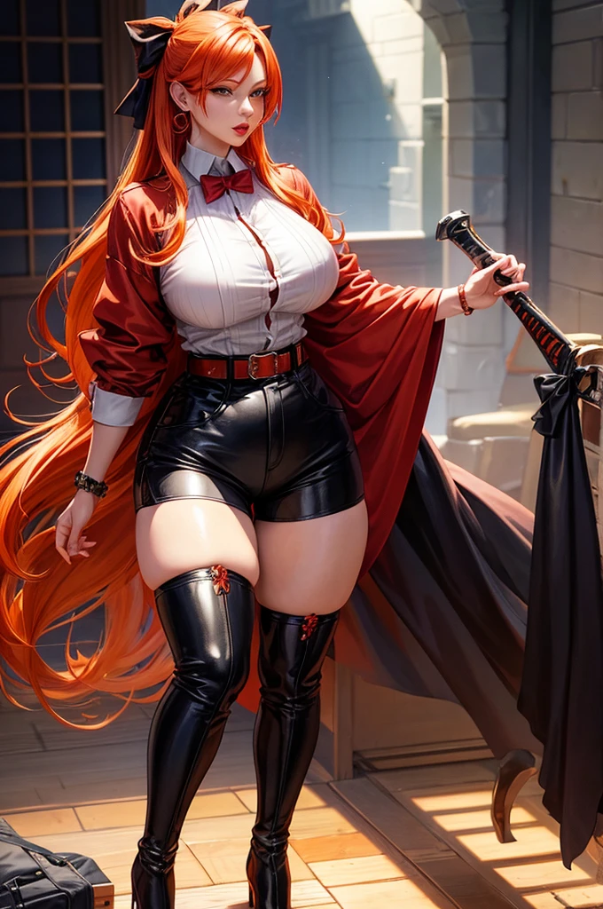 Miss Fortune from League of Legends, with a fully detailed fit body, beautiful hanging breasts, sexy Make-Up, shy and seductive look, spread legs, realistic style, narrow hips, pretty face, perfect lightning, detailed hair, detailed background, High Heels, Overknee socks