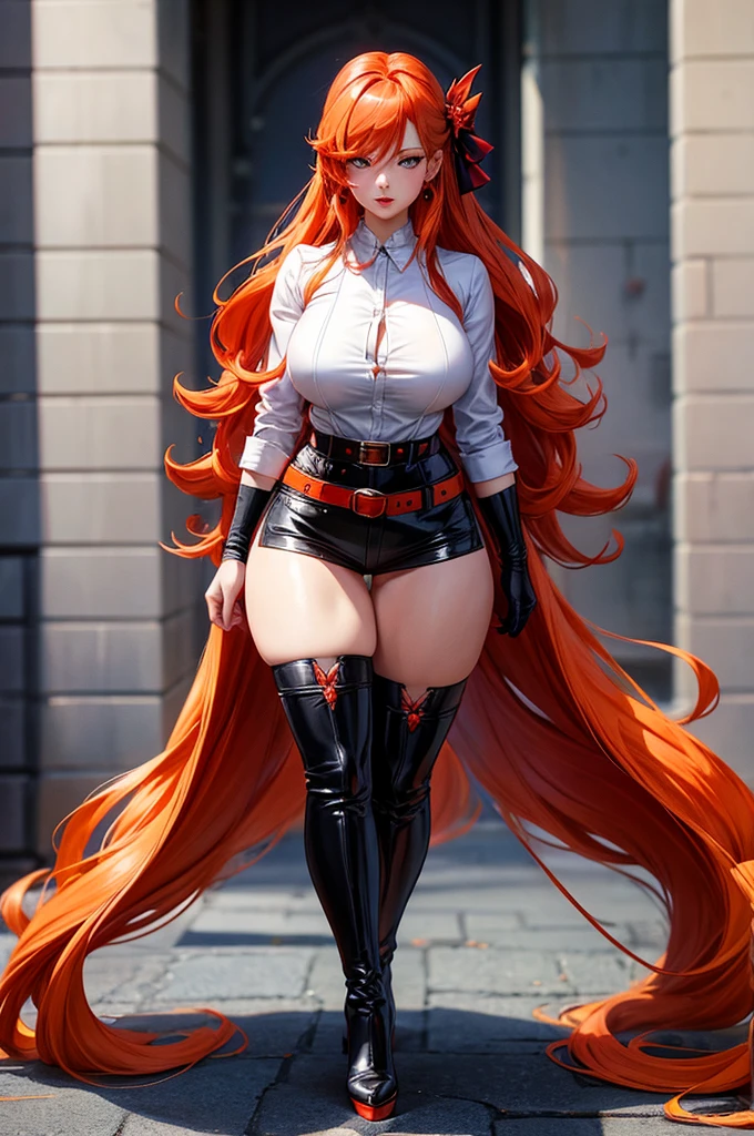 Tall woman, long and very curly fiery red hair, anime style, gentle smile, gray leather leggings, hiking boots, burgundy crop top, leather chest armor, exposed cleavage and midriff, standing, spear in hand, lilac eyes