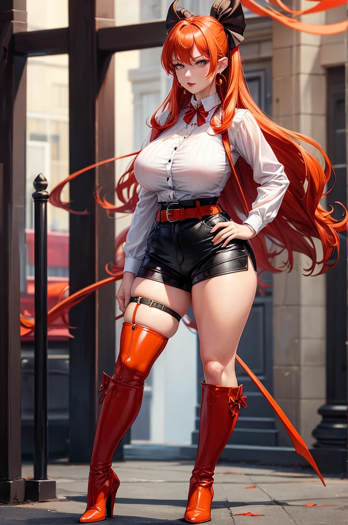 piperBS_mariposa, orange hair, long hair, earrings, hair bow, realistic face, red lips, big breasts, big thighs, big ass, red belt, thigh strap, high boots, heels, showing pussy, mitsuri kanroji demon slayer, standing, a character, white shirt, black shorts,