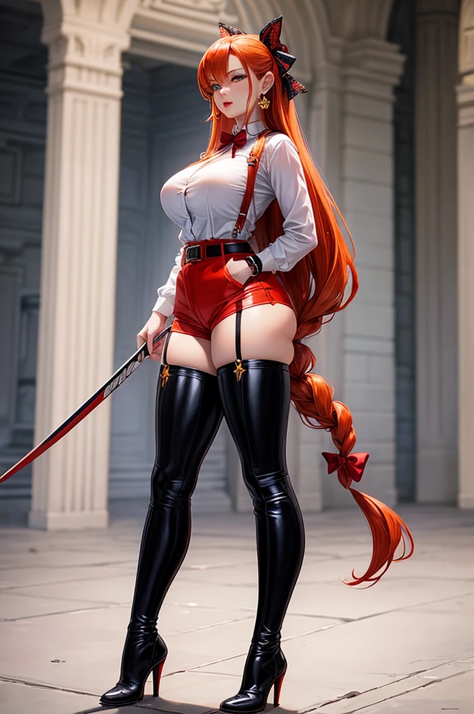 piperBS_mariposa, orange hair, long hair, earrings, hair bow, realistic face, red lips, big breasts, big thighs, big ass, red belt, thigh strap, high boots, heels, showing pussy, mitsuri kanroji demon slayer, standing, a character, white shirt, black shorts,
