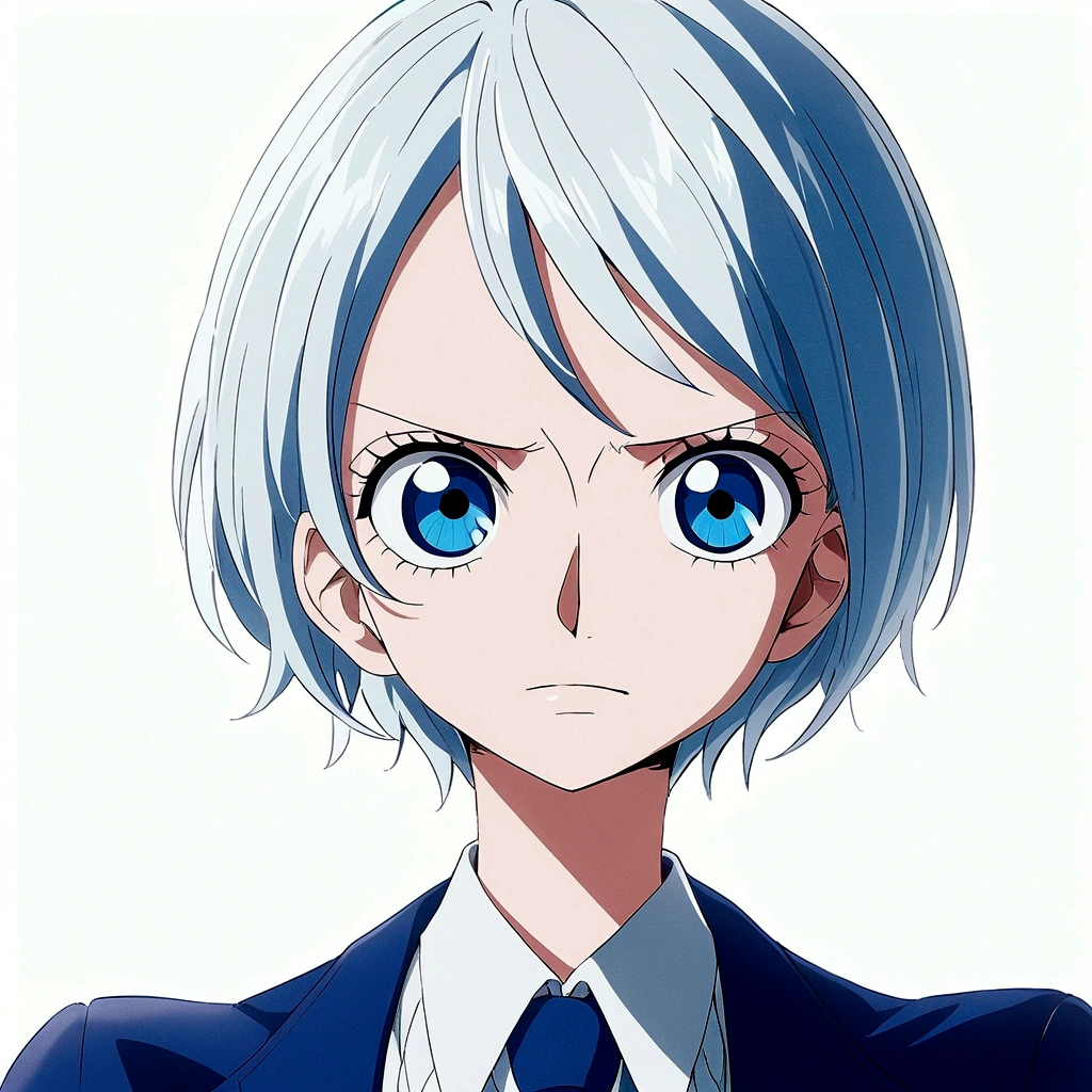 Styled Animation Anime One piece toei Animation,  woman with short straight white hair, round, mature sky blue eyes, pale skin in a navy suit 