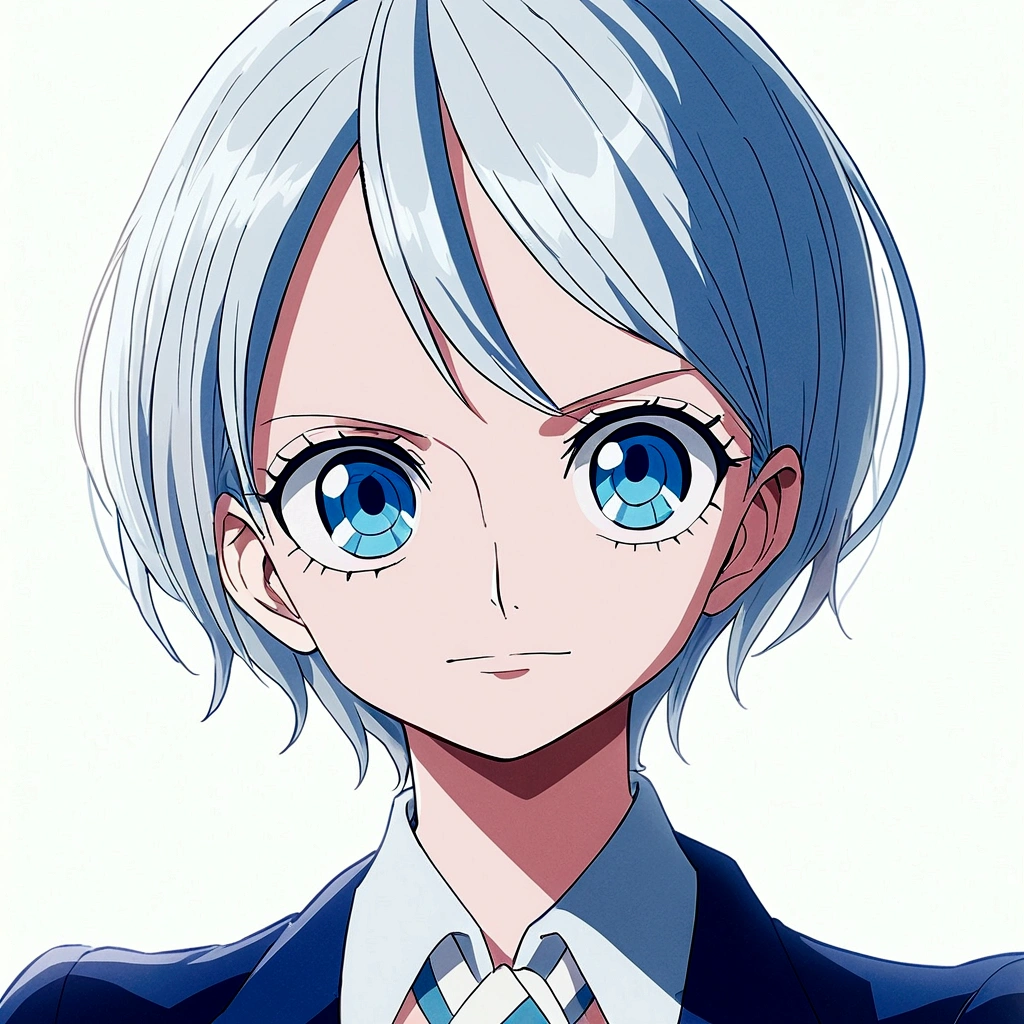 Styled Animation Anime One piece toei Animation, 17 year old woman with short straight white hair, round, mature sky blue eyes, pale skin in a navy suit