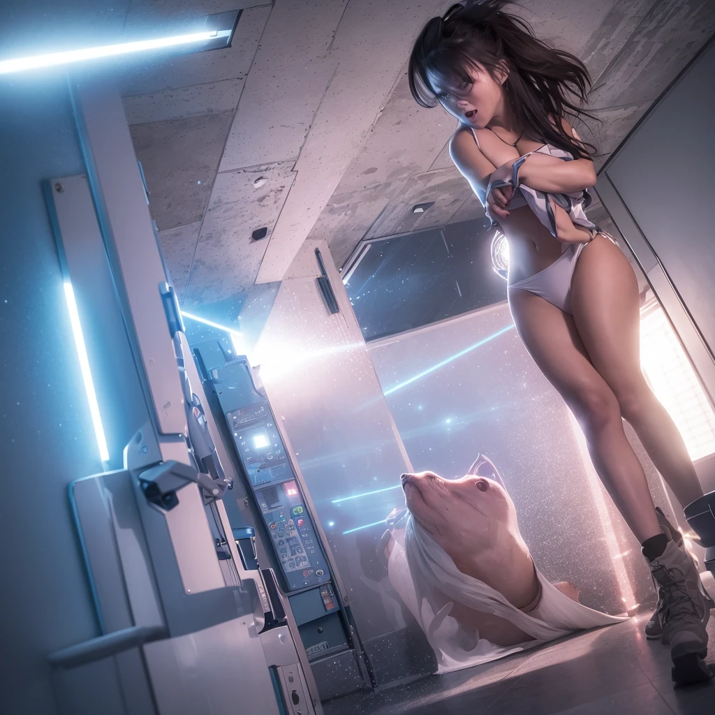 A beautiful girl uses a laser and then it swells to a large size in a room. She is surprised and carries