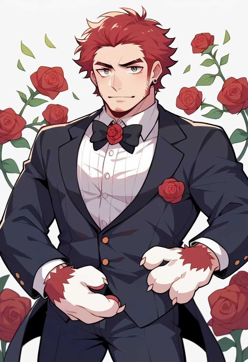Watercolor elements, 1 boy, Beast field, hairy, Delicate body hair, Animal Face, Animal hands, Handsome boy in tuxedo holding a red rose and looking at the viewer,